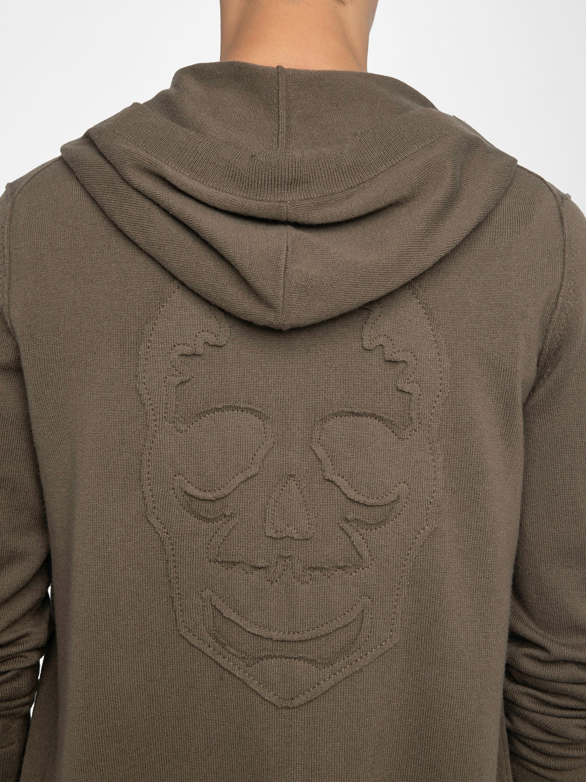 Clash Cardigan - Hooded cardigan with zip closure featuring front patch and western back detail.